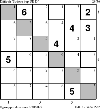 The grouppuzzles.com Difficult Sudoku-6up-UR-D puzzle for Saturday August 30, 2025 with all 8 steps marked