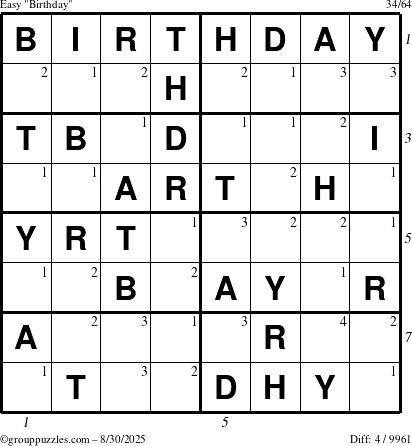 The grouppuzzles.com Easy Birthday puzzle for Saturday August 30, 2025, suitable for printing, with all 4 steps marked