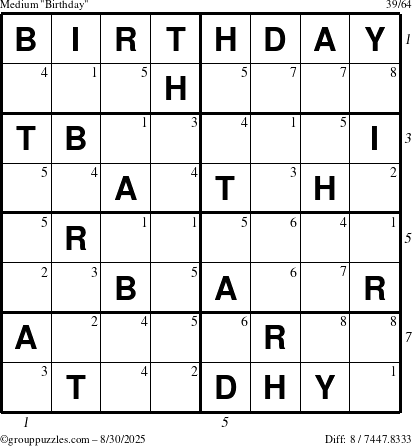 The grouppuzzles.com Medium Birthday puzzle for Saturday August 30, 2025 with all 8 steps marked