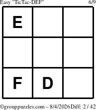 The grouppuzzles.com Easy TicTac-DEF puzzle for Tuesday August 4, 2026