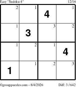 The grouppuzzles.com Easy Sudoku-4 puzzle for Tuesday August 4, 2026 with the first 3 steps marked