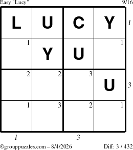 The grouppuzzles.com Easy Lucy puzzle for Tuesday August 4, 2026, suitable for printing, with all 3 steps marked
