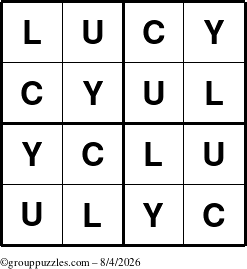 The grouppuzzles.com Answer grid for the Lucy puzzle for Tuesday August 4, 2026