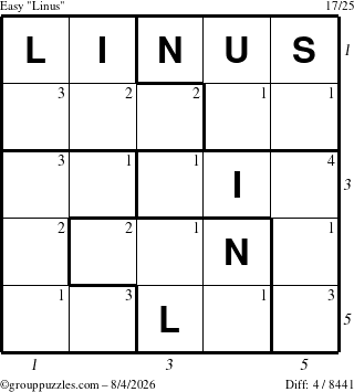 The grouppuzzles.com Easy Linus puzzle for Tuesday August 4, 2026 with all 4 steps marked