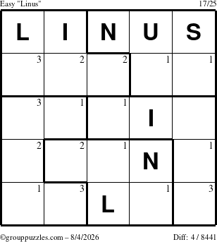 The grouppuzzles.com Easy Linus puzzle for Tuesday August 4, 2026 with the first 3 steps marked