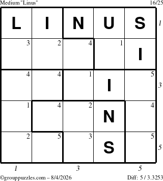 The grouppuzzles.com Medium Linus puzzle for Tuesday August 4, 2026 with all 5 steps marked