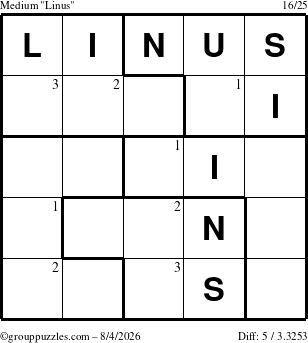 The grouppuzzles.com Medium Linus puzzle for Tuesday August 4, 2026 with the first 3 steps marked