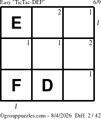 The grouppuzzles.com Easy TicTac-DEF puzzle for Tuesday August 4, 2026, suitable for printing, with all 2 steps marked