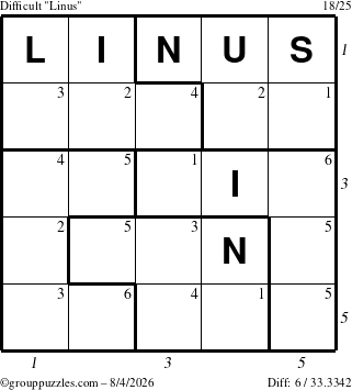 The grouppuzzles.com Difficult Linus puzzle for Tuesday August 4, 2026, suitable for printing, with all 6 steps marked