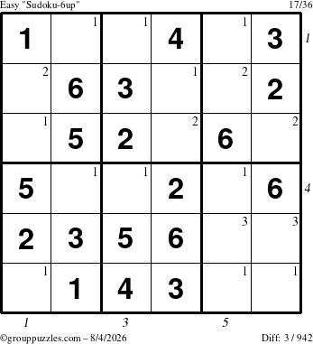 The grouppuzzles.com Easy Sudoku-6up puzzle for Tuesday August 4, 2026, suitable for printing, with all 3 steps marked