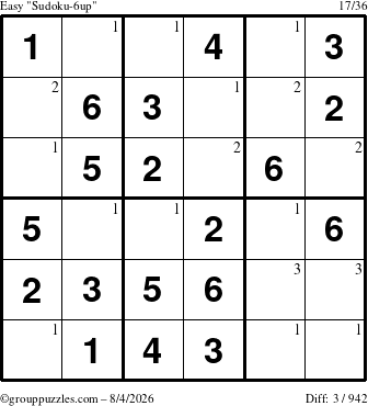 The grouppuzzles.com Easy Sudoku-6up puzzle for Tuesday August 4, 2026 with the first 3 steps marked