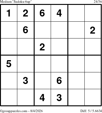 The grouppuzzles.com Medium Sudoku-6up puzzle for Tuesday August 4, 2026