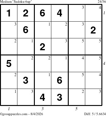 The grouppuzzles.com Medium Sudoku-6up puzzle for Tuesday August 4, 2026 with all 5 steps marked