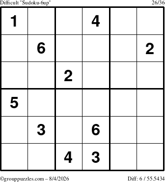 The grouppuzzles.com Difficult Sudoku-6up puzzle for Tuesday August 4, 2026