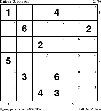 The grouppuzzles.com Difficult Sudoku-6up puzzle for Tuesday August 4, 2026 with all 6 steps marked