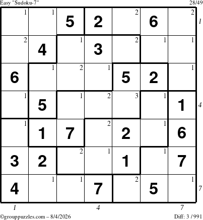 The grouppuzzles.com Easy Sudoku-7 puzzle for Tuesday August 4, 2026 with all 3 steps marked