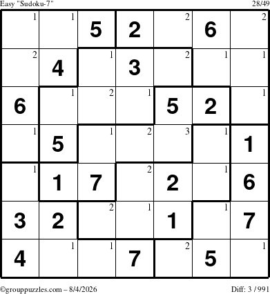 The grouppuzzles.com Easy Sudoku-7 puzzle for Tuesday August 4, 2026 with the first 3 steps marked
