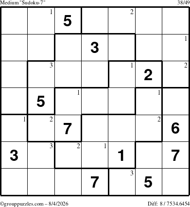 The grouppuzzles.com Medium Sudoku-7 puzzle for Tuesday August 4, 2026 with the first 3 steps marked