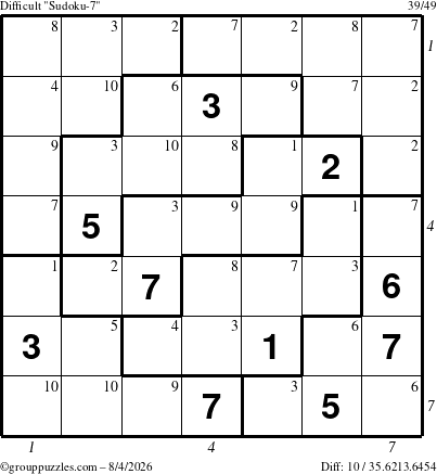 The grouppuzzles.com Difficult Sudoku-7 puzzle for Tuesday August 4, 2026 with all 10 steps marked