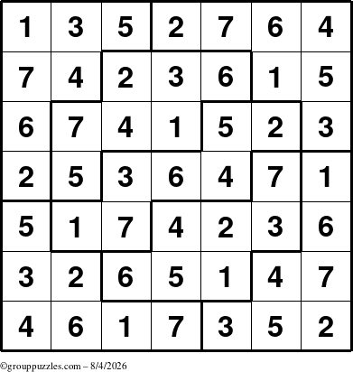 The grouppuzzles.com Answer grid for the Sudoku-7 puzzle for Tuesday August 4, 2026