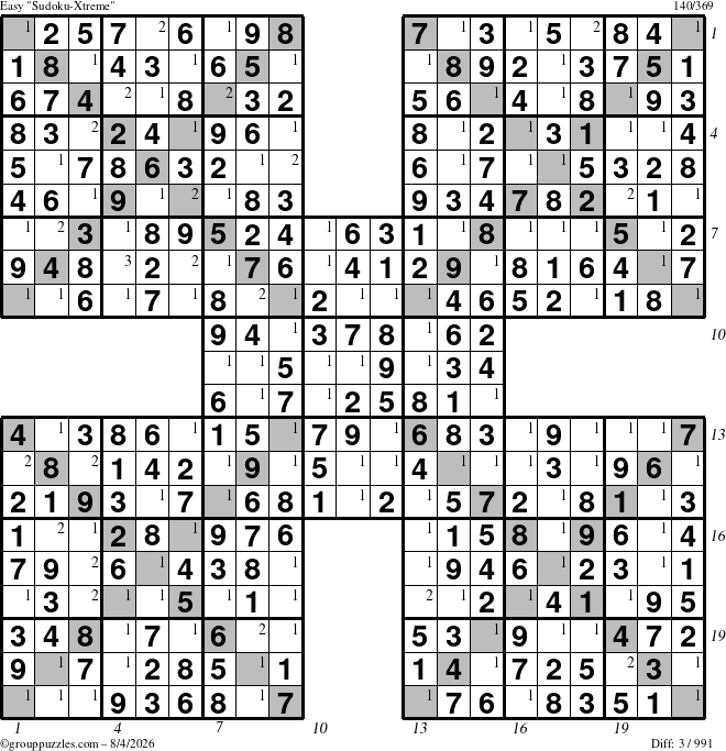 The grouppuzzles.com Easy Sudoku-Xtreme puzzle for Tuesday August 4, 2026 with all 3 steps marked