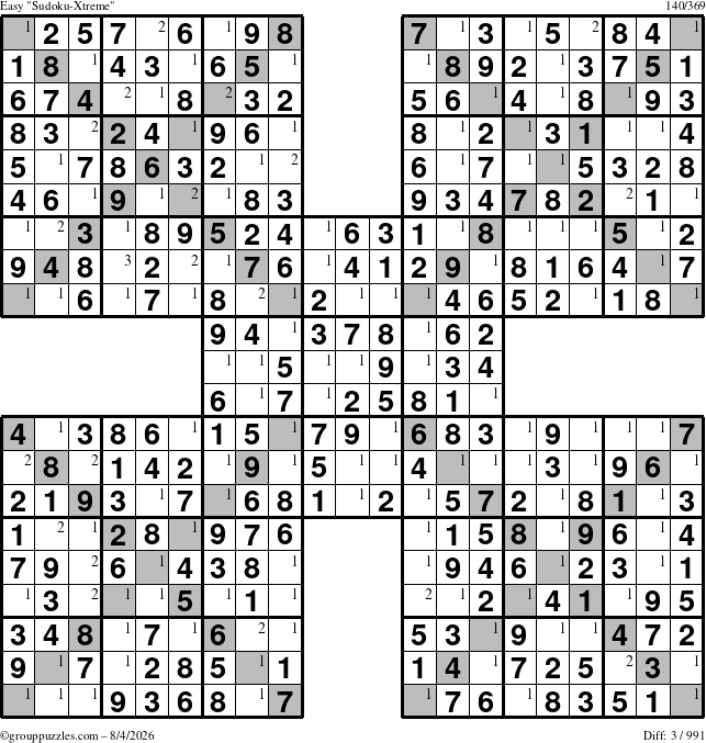 The grouppuzzles.com Easy Sudoku-Xtreme puzzle for Tuesday August 4, 2026 with the first 3 steps marked
