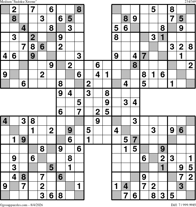 The grouppuzzles.com Medium Sudoku-Xtreme puzzle for Tuesday August 4, 2026
