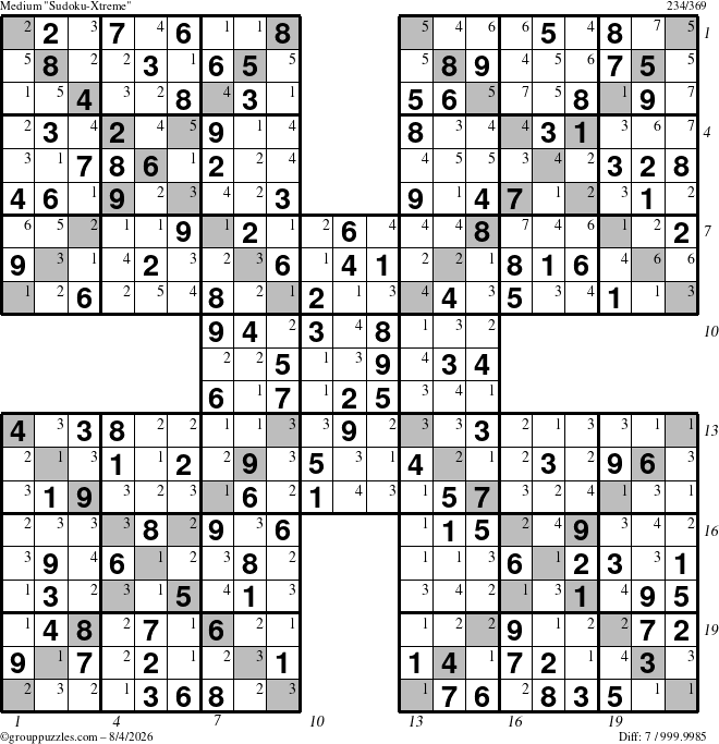 The grouppuzzles.com Medium Sudoku-Xtreme puzzle for Tuesday August 4, 2026, suitable for printing, with all 7 steps marked