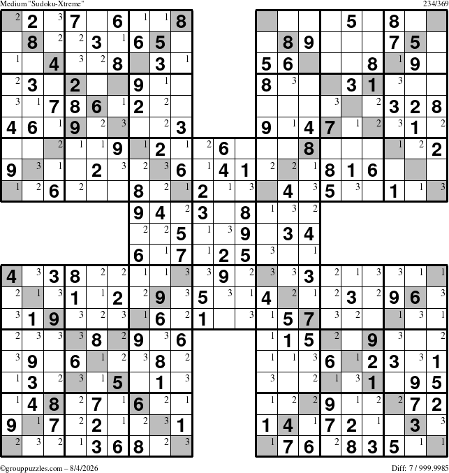 The grouppuzzles.com Medium Sudoku-Xtreme puzzle for Tuesday August 4, 2026 with the first 3 steps marked