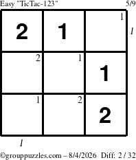 The grouppuzzles.com Easy TicTac-123 puzzle for Tuesday August 4, 2026 with all 2 steps marked