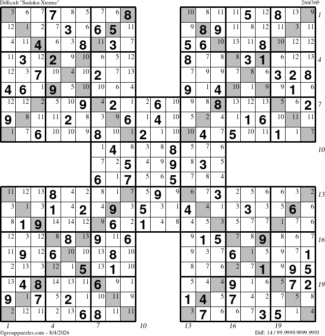 The grouppuzzles.com Difficult Sudoku-Xtreme puzzle for Tuesday August 4, 2026, suitable for printing, with all 14 steps marked