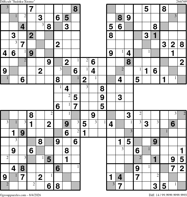 The grouppuzzles.com Difficult Sudoku-Xtreme puzzle for Tuesday August 4, 2026 with the first 3 steps marked
