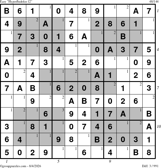 The grouppuzzles.com Easy HyperSudoku-12 puzzle for Tuesday August 4, 2026 with all 3 steps marked