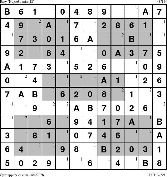 The grouppuzzles.com Easy HyperSudoku-12 puzzle for Tuesday August 4, 2026 with the first 3 steps marked