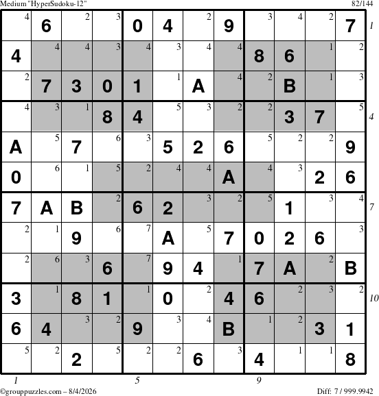 The grouppuzzles.com Medium HyperSudoku-12 puzzle for Tuesday August 4, 2026, suitable for printing, with all 7 steps marked