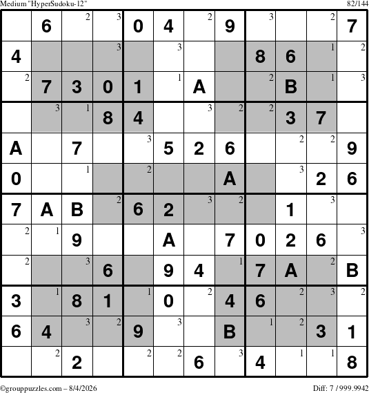 The grouppuzzles.com Medium HyperSudoku-12 puzzle for Tuesday August 4, 2026 with the first 3 steps marked