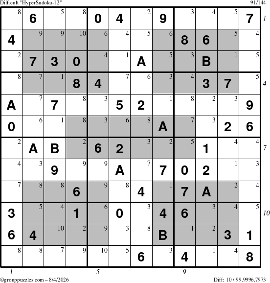 The grouppuzzles.com Difficult HyperSudoku-12 puzzle for Tuesday August 4, 2026 with all 10 steps marked