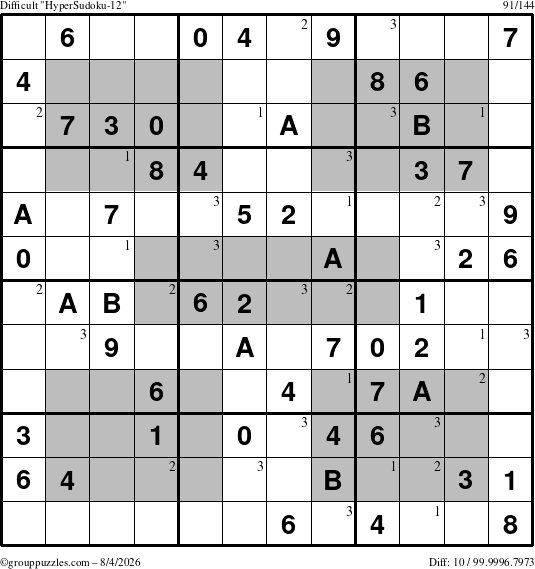 The grouppuzzles.com Difficult HyperSudoku-12 puzzle for Tuesday August 4, 2026 with the first 3 steps marked