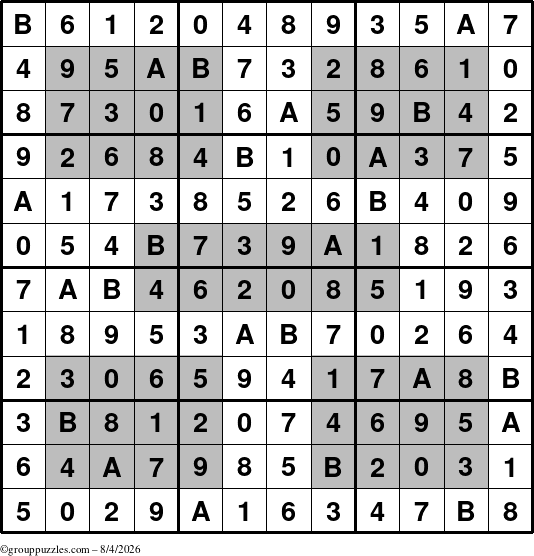 The grouppuzzles.com Answer grid for the HyperSudoku-12 puzzle for Tuesday August 4, 2026