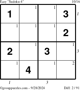 The grouppuzzles.com Easy Sudoku-4 puzzle for Saturday September 28, 2024 with all 2 steps marked