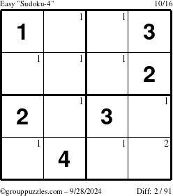 The grouppuzzles.com Easy Sudoku-4 puzzle for Saturday September 28, 2024 with the first 2 steps marked