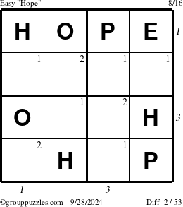 The grouppuzzles.com Easy Hope puzzle for Saturday September 28, 2024 with all 2 steps marked