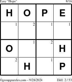 The grouppuzzles.com Easy Hope puzzle for Saturday September 28, 2024 with the first 2 steps marked