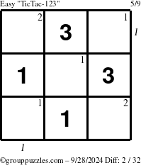 The grouppuzzles.com Easy TicTac-123 puzzle for Saturday September 28, 2024 with all 2 steps marked