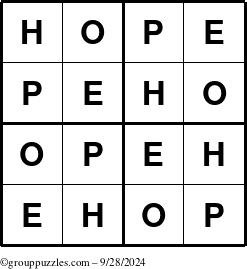 The grouppuzzles.com Answer grid for the Hope puzzle for Saturday September 28, 2024