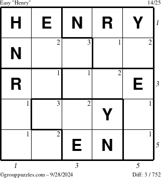 The grouppuzzles.com Easy Henry puzzle for Saturday September 28, 2024, suitable for printing, with all 3 steps marked