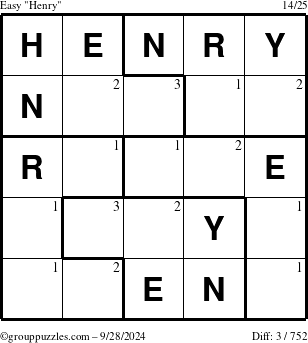 The grouppuzzles.com Easy Henry puzzle for Saturday September 28, 2024 with the first 3 steps marked