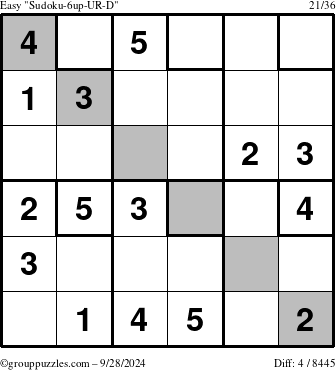 The grouppuzzles.com Easy Sudoku-6up-UR-D puzzle for Saturday September 28, 2024