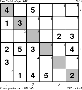 The grouppuzzles.com Easy Sudoku-6up-UR-D puzzle for Saturday September 28, 2024 with all 4 steps marked