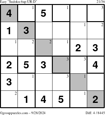 The grouppuzzles.com Easy Sudoku-6up-UR-D puzzle for Saturday September 28, 2024 with the first 3 steps marked